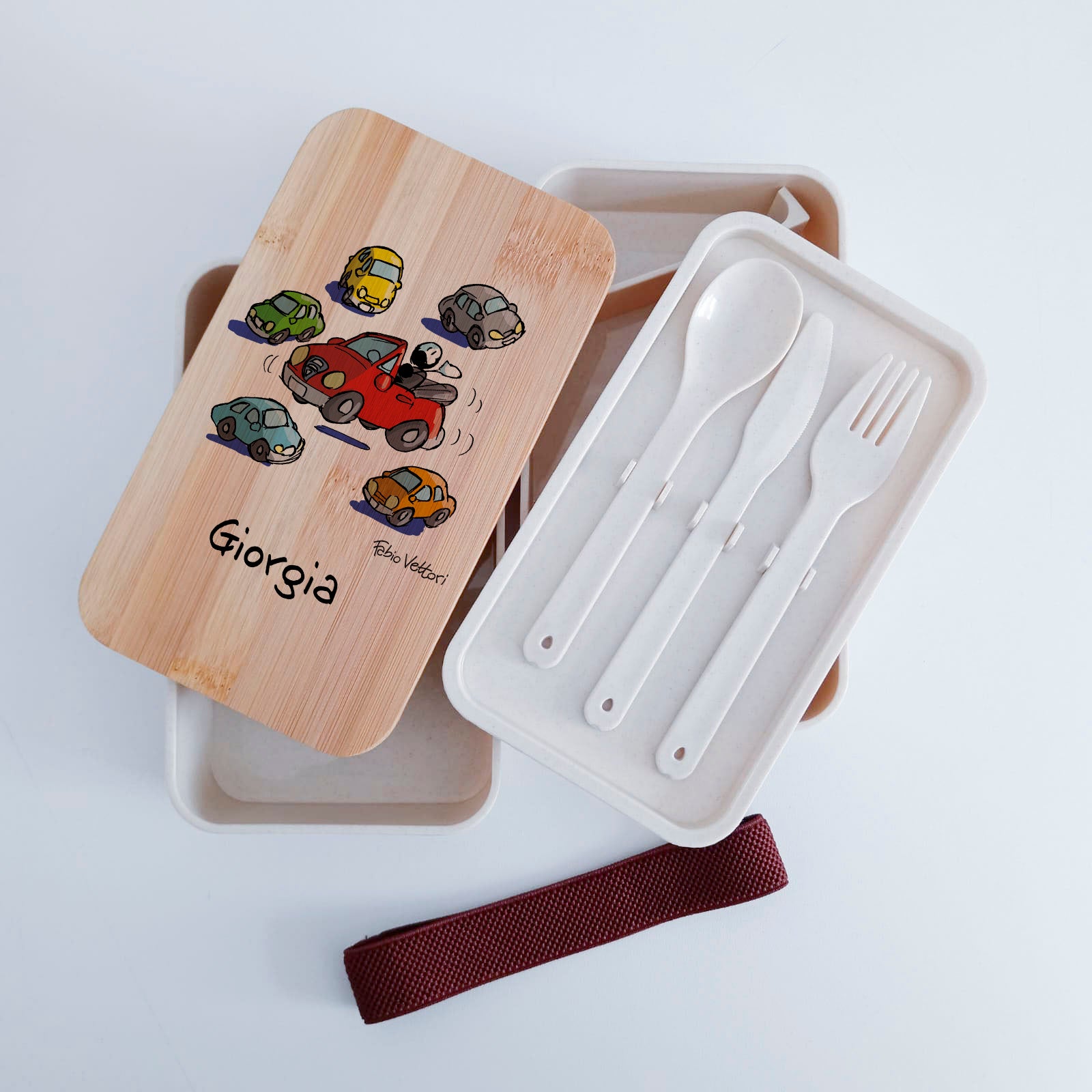 Scatola Porta Pranzo con coperchio in bambù e Posate Personalizzata soggetto "Macchinine"