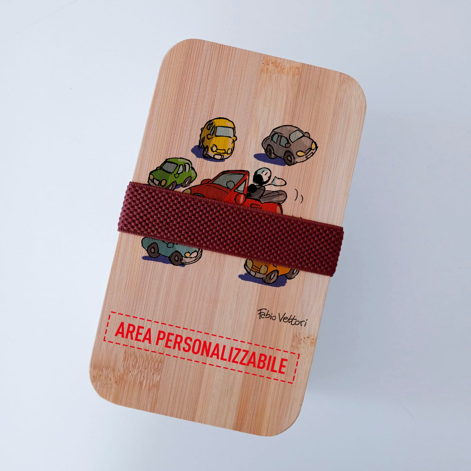 Scatola Porta Pranzo con coperchio in bambù e Posate Personalizzata soggetto "Macchinine"
