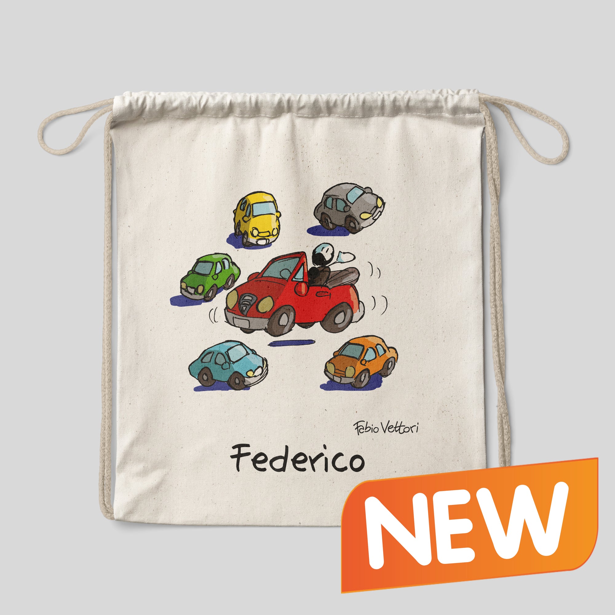 Personalized cotton backpack bag with "Toy Cars" theme
