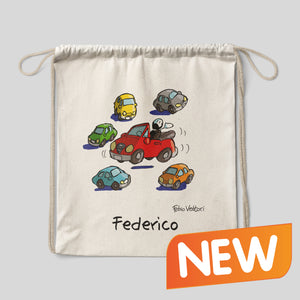 Personalized cotton backpack bag with "Toy Cars" theme