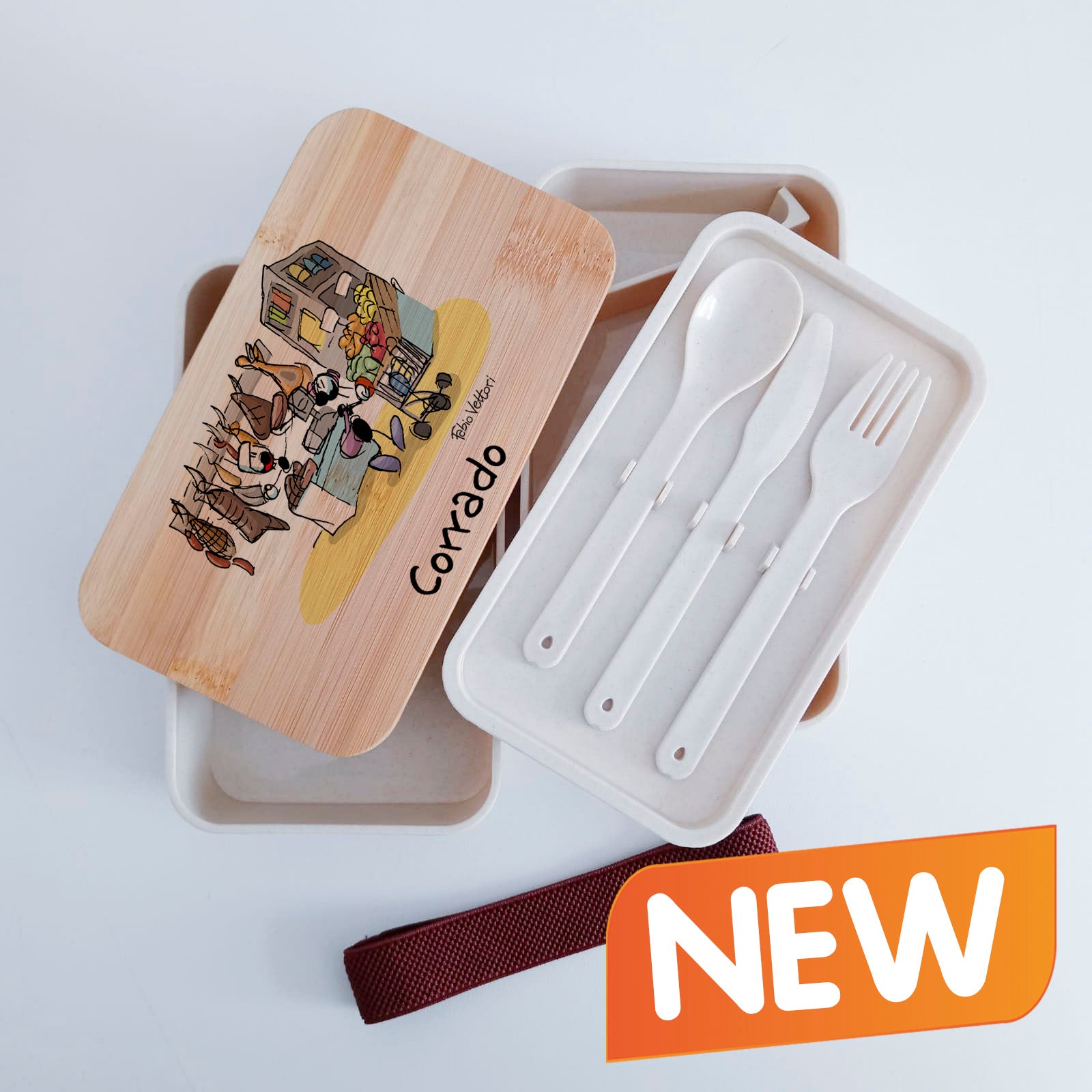 Scatola Porta Pranzo con coperchio in bambù e Posate Personalizzata soggetto "Macellaio"