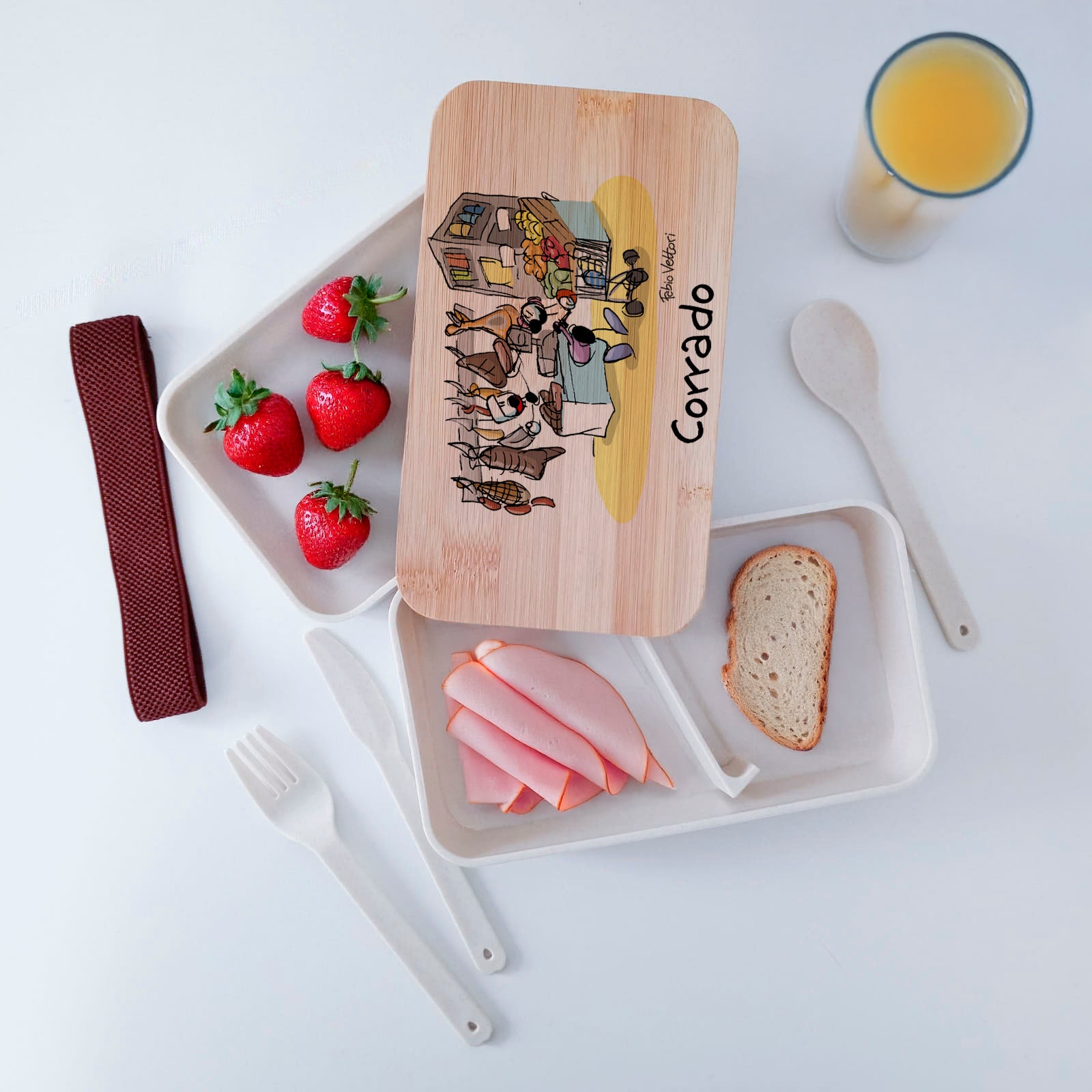 Scatola Porta Pranzo con coperchio in bambù e Posate Personalizzata soggetto "Macellaio"
