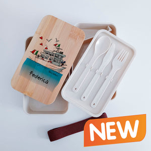 Scatola Porta Pranzo con coperchio in bambù e Posate Personalizzata soggetto "Marinaio"