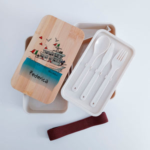Scatola Porta Pranzo con coperchio in bambù e Posate Personalizzata soggetto "Marinaio"