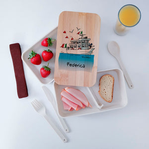 Scatola Porta Pranzo con coperchio in bambù e Posate Personalizzata soggetto "Marinaio"