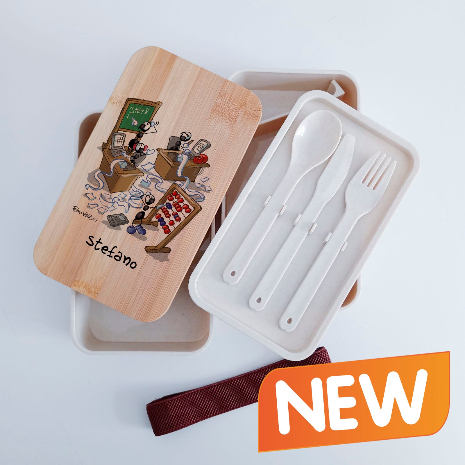 Scatola Porta Pranzo con coperchio in bambù e Posate Personalizzata soggetto "Matematici"