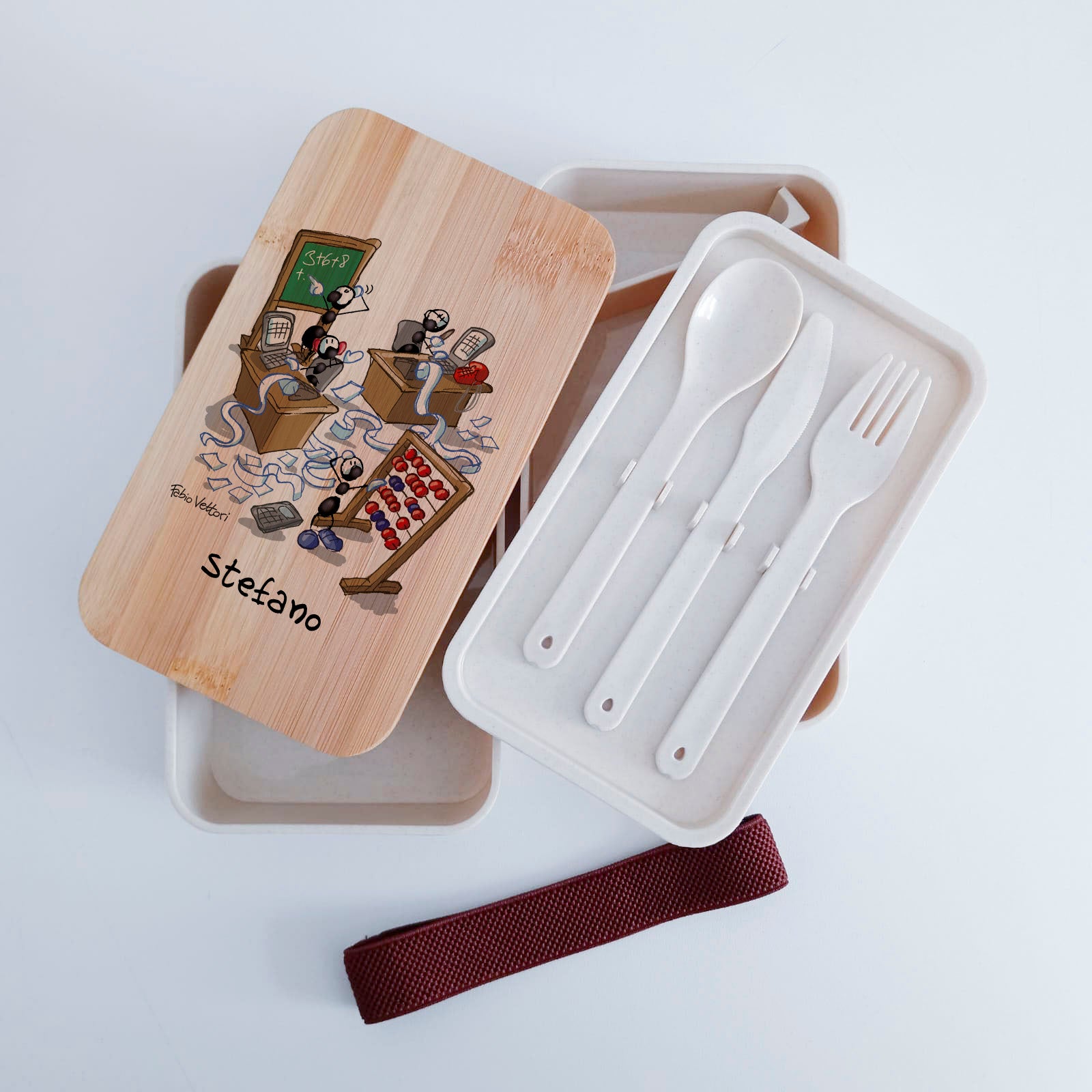 Scatola Porta Pranzo con coperchio in bambù e Posate Personalizzata soggetto "Matematici"