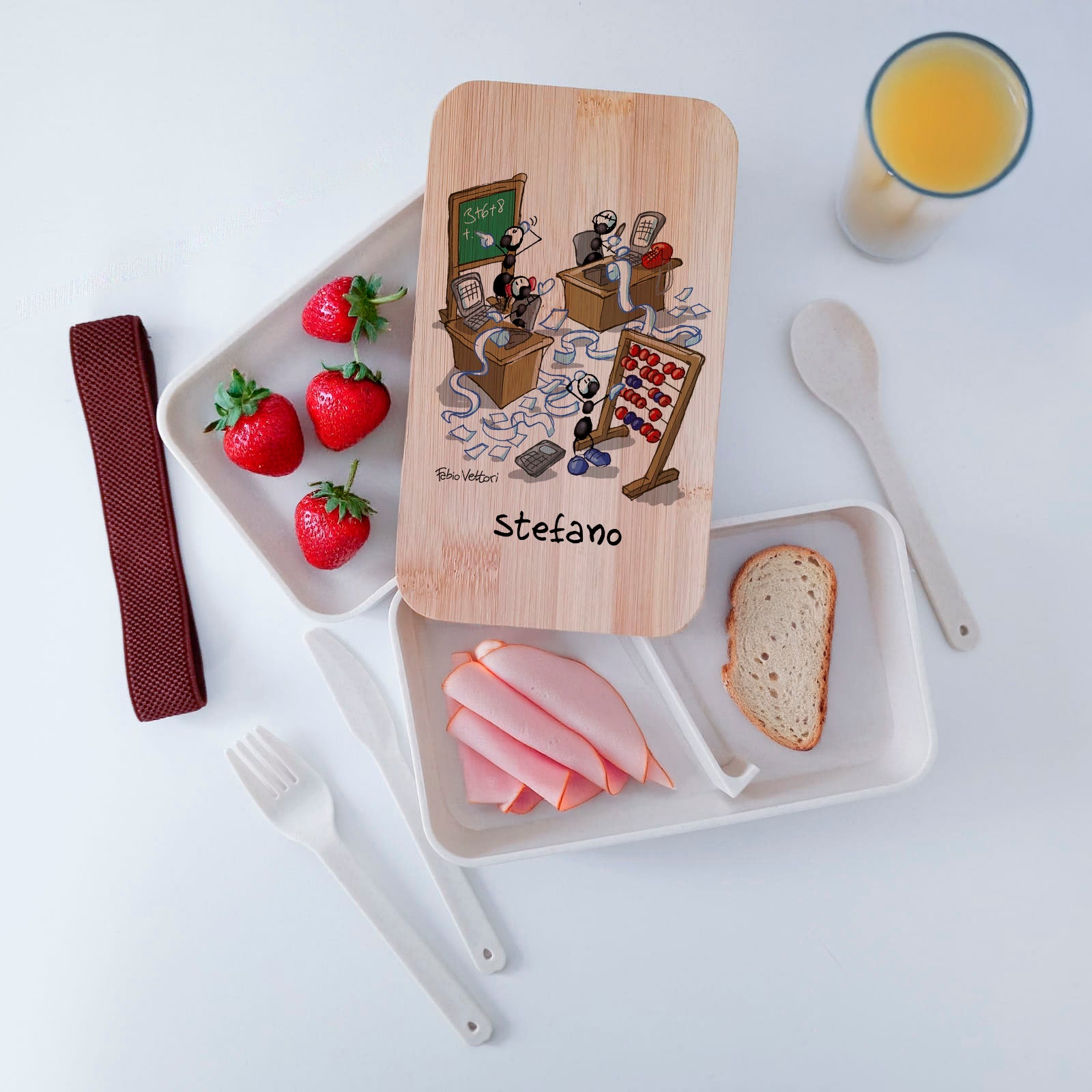 Scatola Porta Pranzo con coperchio in bambù e Posate Personalizzata soggetto "Matematici"