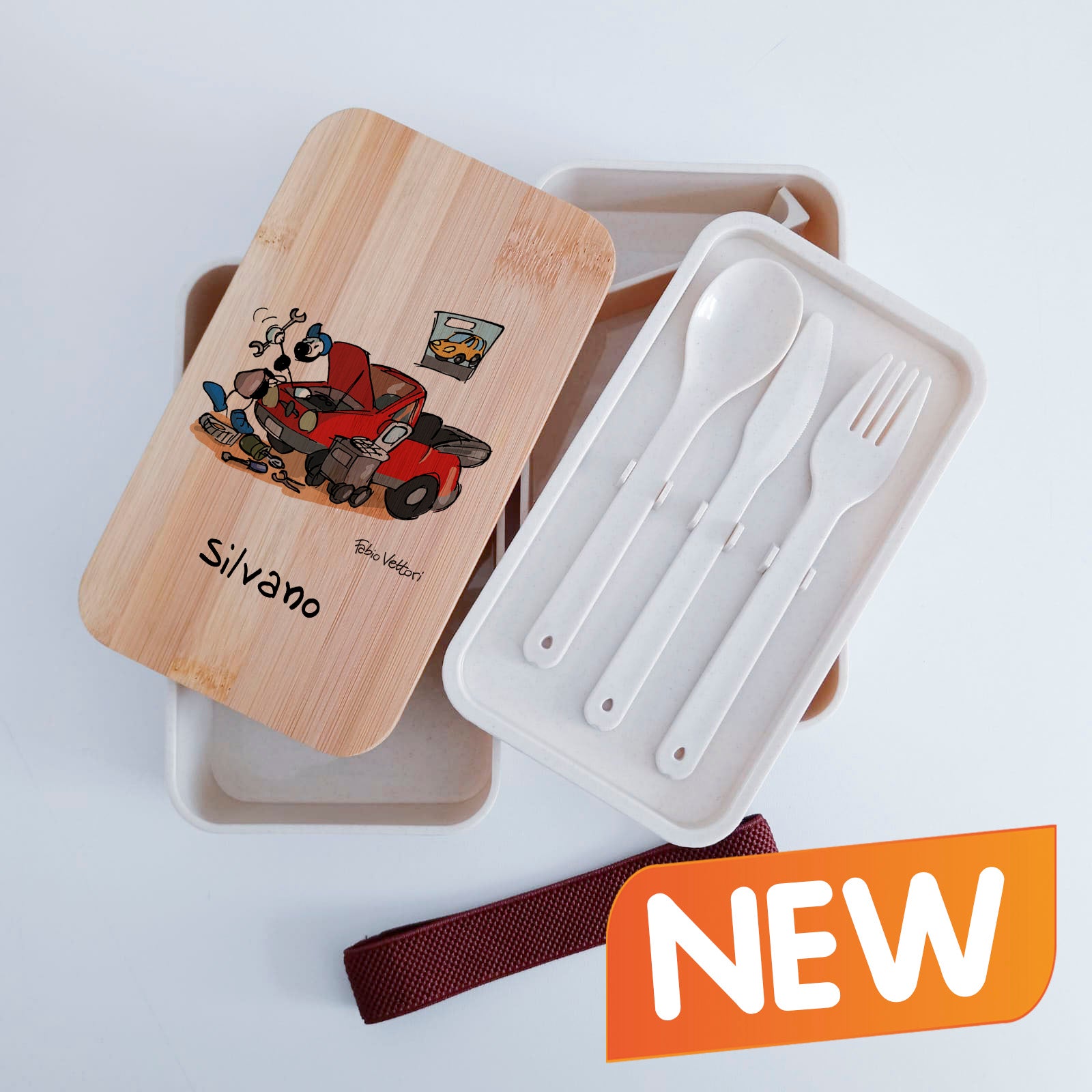 Scatola Porta Pranzo con coperchio in bambù e Posate Personalizzata soggetto "Meccanico"