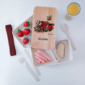 Scatola Porta Pranzo con coperchio in bambù e Posate Personalizzata soggetto "Meccanico"