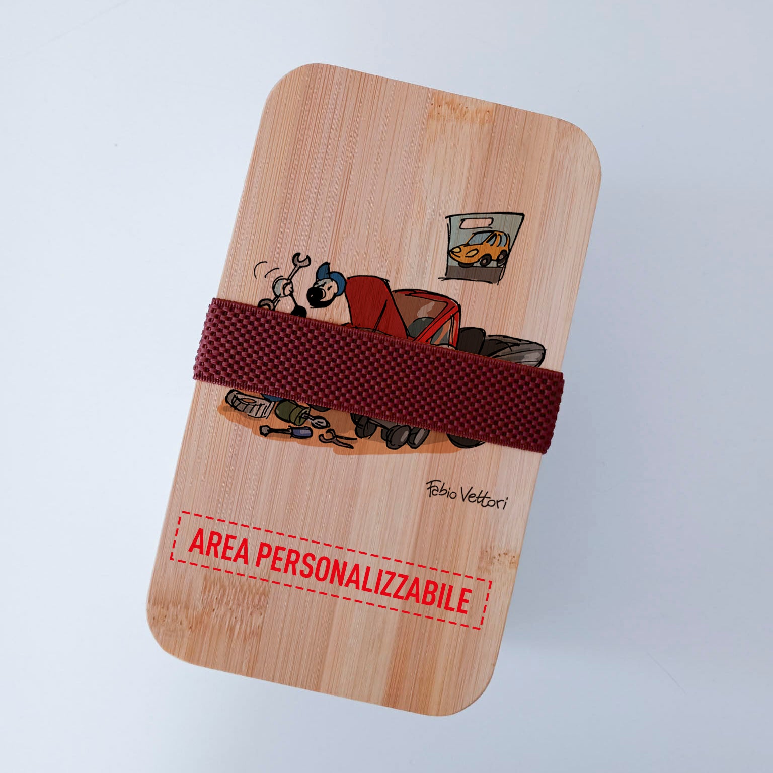 Scatola Porta Pranzo con coperchio in bambù e Posate Personalizzata soggetto "Meccanico"