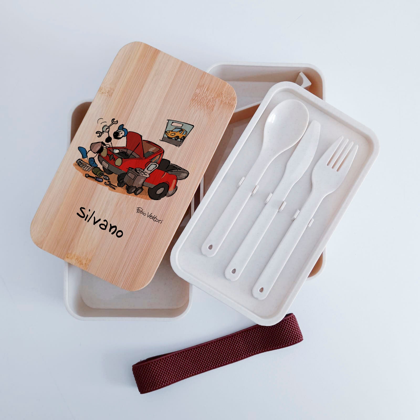 Scatola Porta Pranzo con coperchio in bambù e Posate Personalizzata soggetto "Meccanico"
