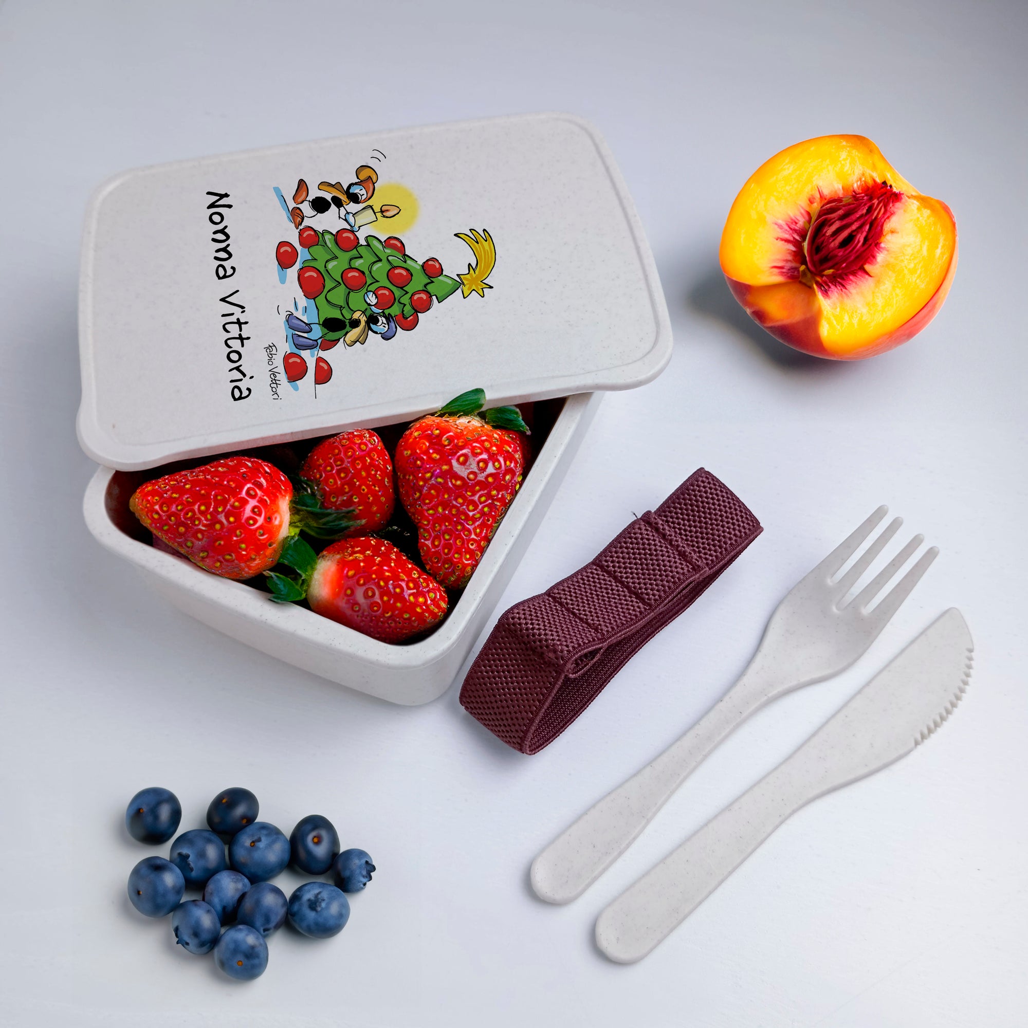 Scatola Porta Pranzo con Fascia Porta Posate Personalizzata soggetto "Merry Christmas"
