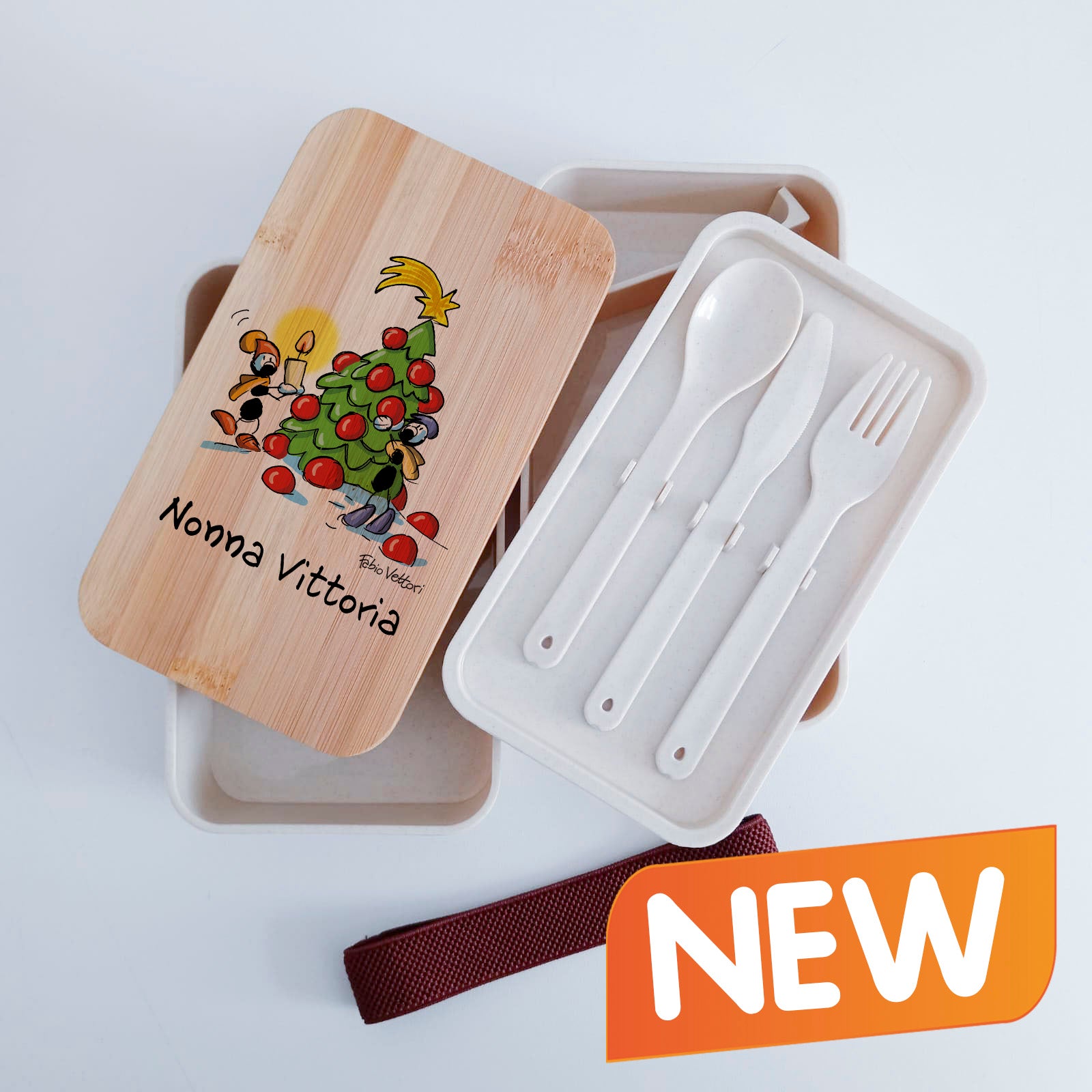 Scatola Porta Pranzo con coperchio in bambù e Posate Personalizzata soggetto "Merry Christmas"
