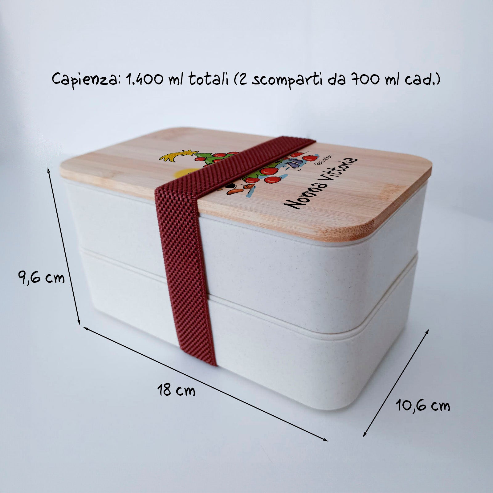 Scatola Porta Pranzo con coperchio in bambù e Posate Personalizzata soggetto "Merry Christmas"