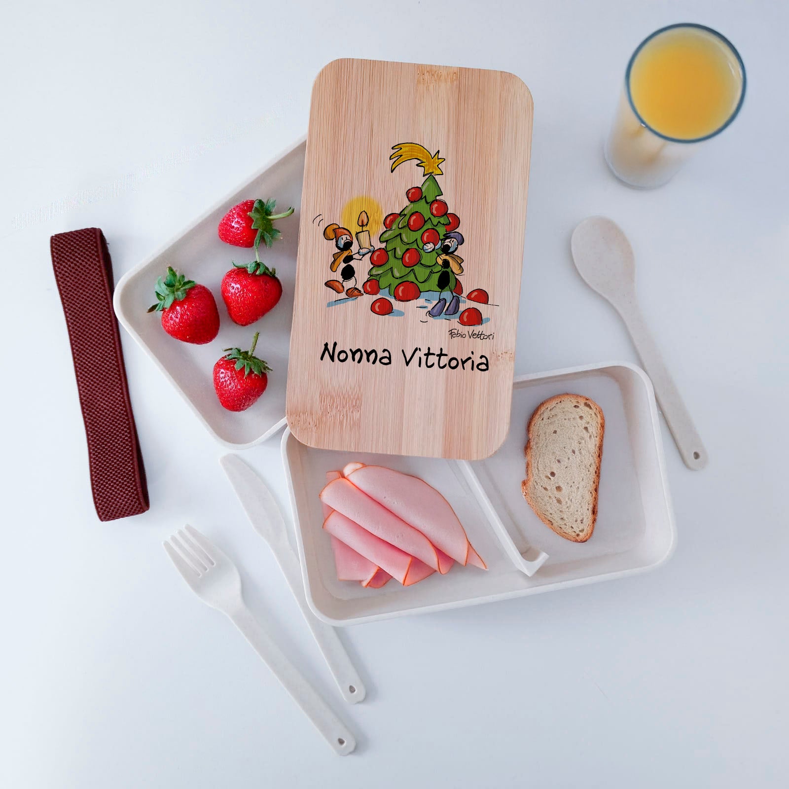 Scatola Porta Pranzo con coperchio in bambù e Posate Personalizzata soggetto "Merry Christmas"
