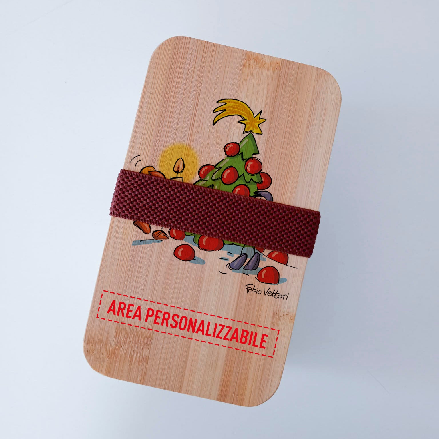 Scatola Porta Pranzo con coperchio in bambù e Posate Personalizzata soggetto "Merry Christmas"