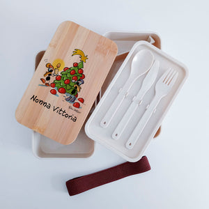 Scatola Porta Pranzo con coperchio in bambù e Posate Personalizzata soggetto "Merry Christmas"