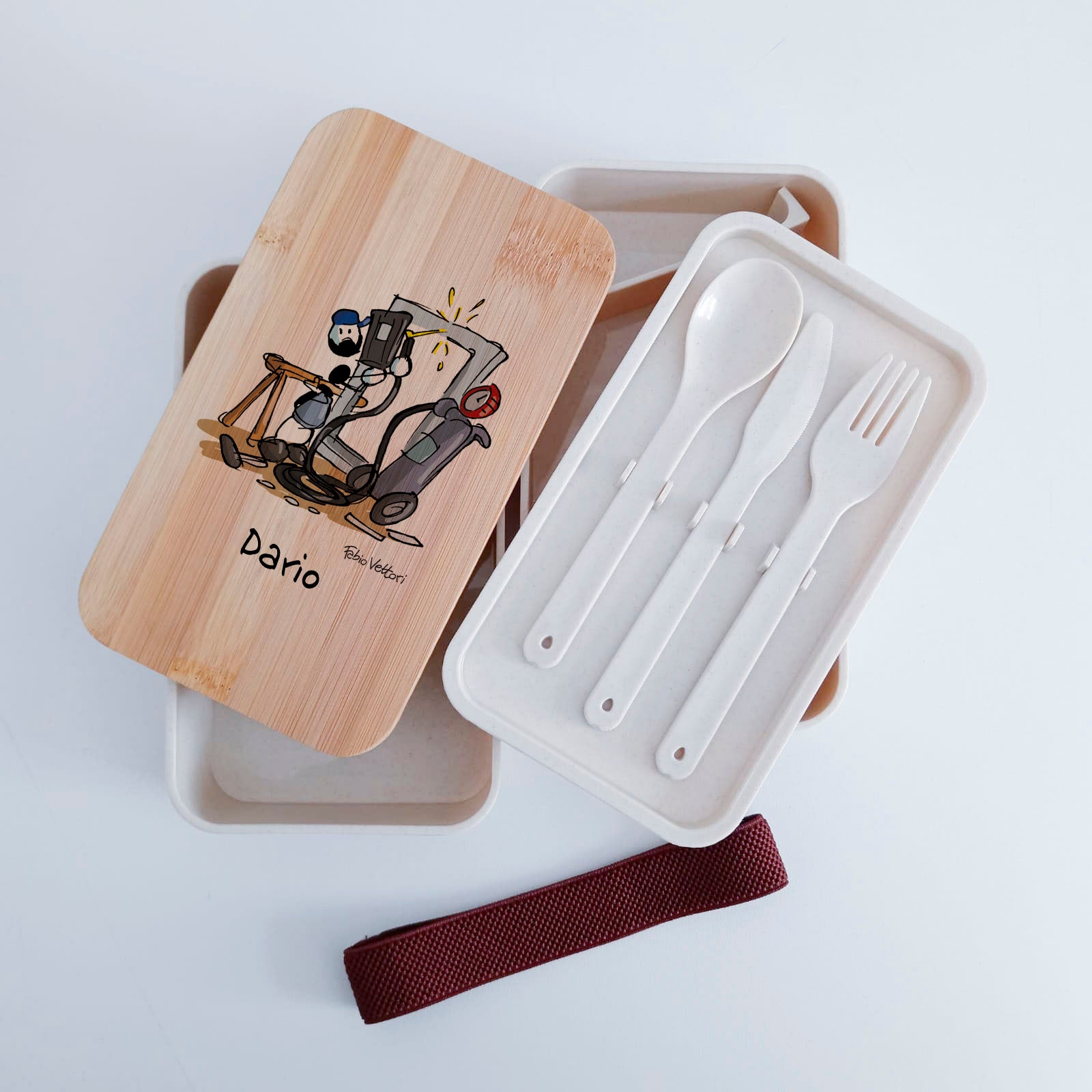 Scatola Porta Pranzo con coperchio in bambù e Posate Personalizzata soggetto "Metalmeccanico"