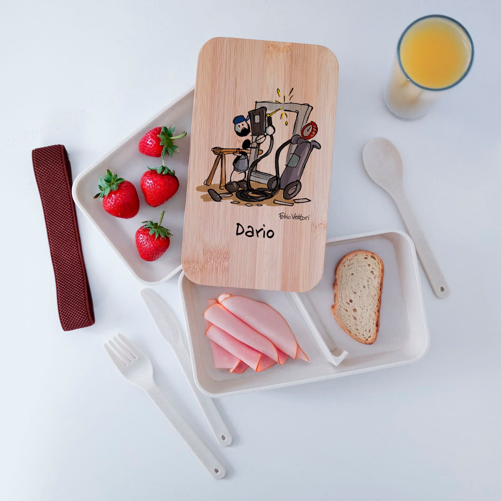 Scatola Porta Pranzo con coperchio in bambù e Posate Personalizzata soggetto "Metalmeccanico"