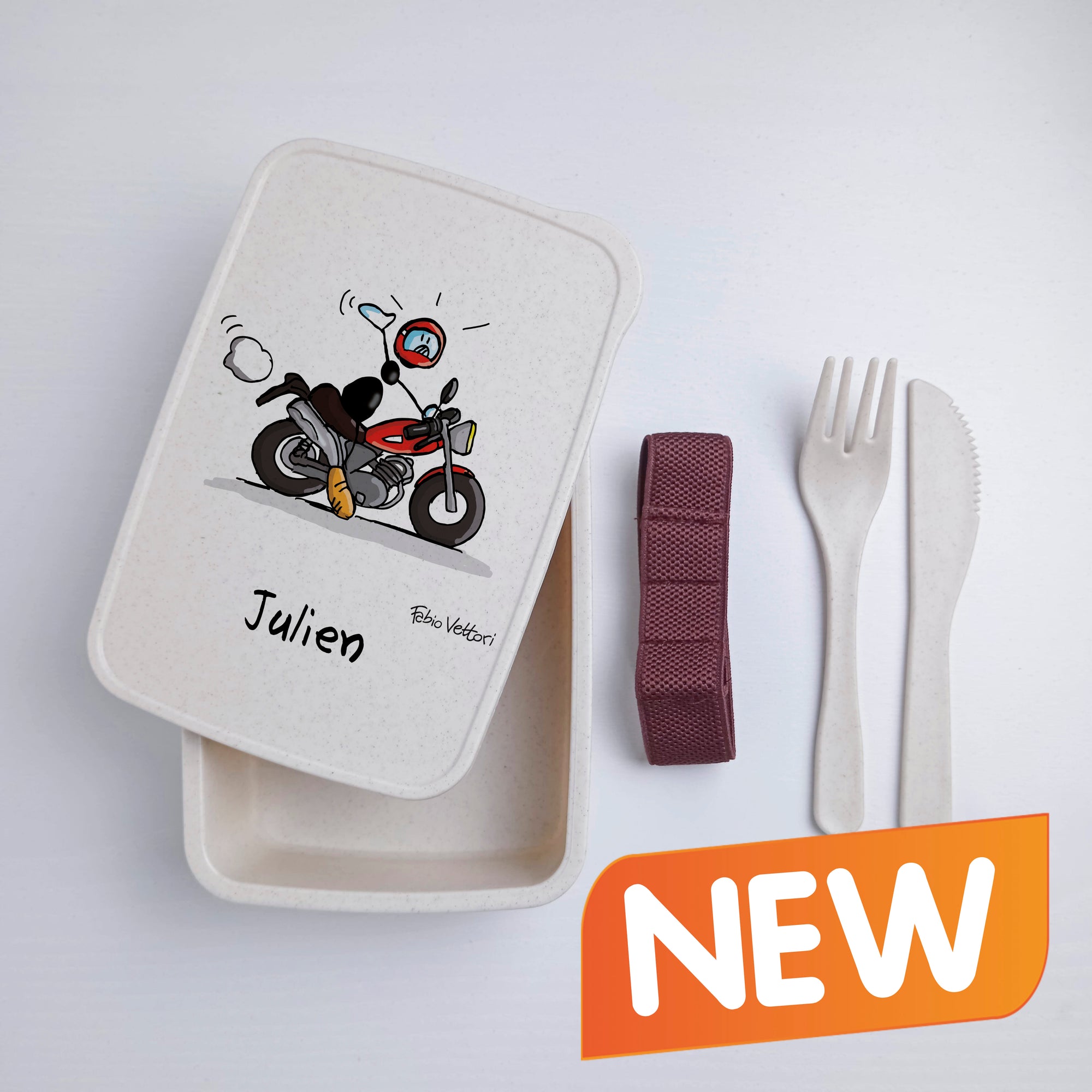 Scatola Porta Pranzo con Fascia Porta Posate Personalizzata soggetto "Moto"
