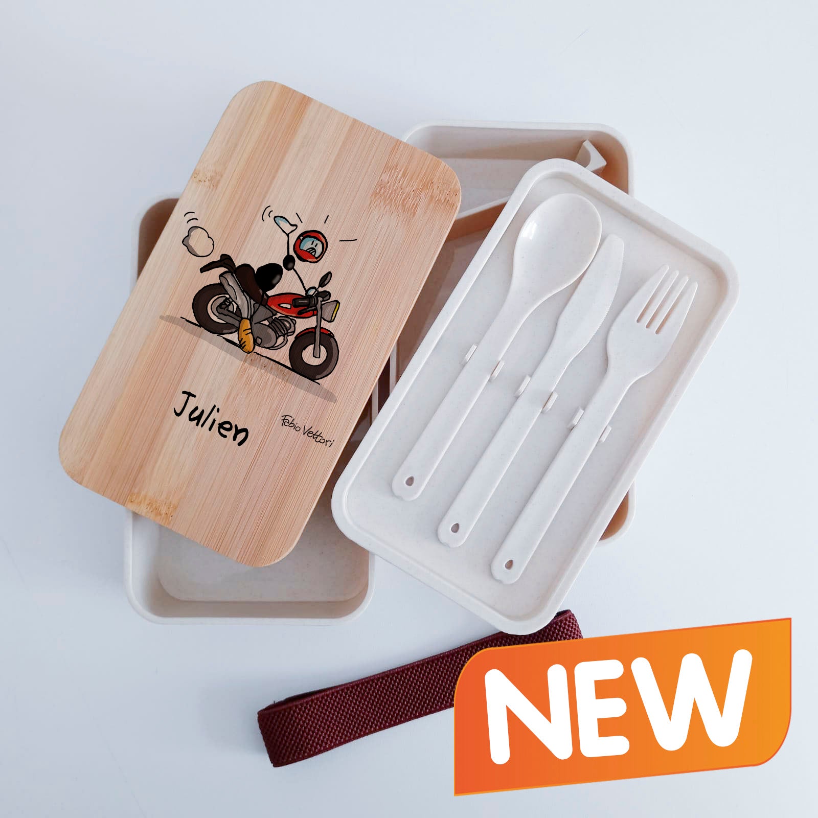 Scatola Porta Pranzo con coperchio in bambù e Posate Personalizzata soggetto "Moto"