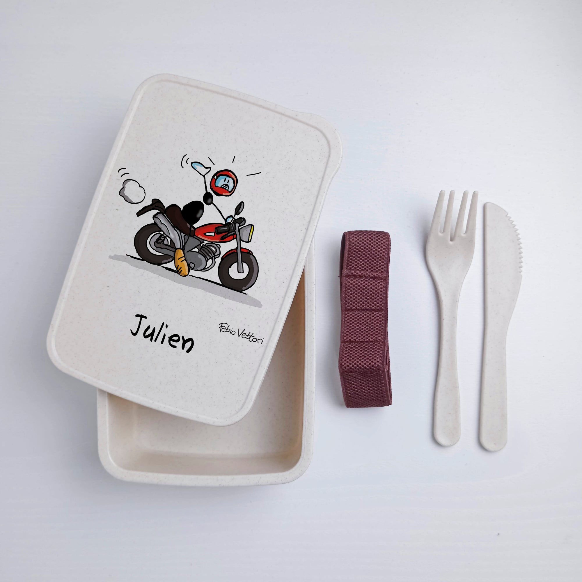 Scatola Porta Pranzo con Fascia Porta Posate Personalizzata soggetto "Moto"