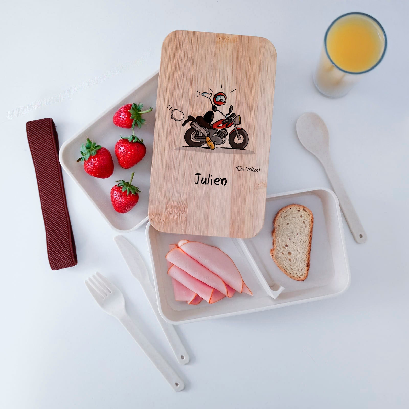 Scatola Porta Pranzo con coperchio in bambù e Posate Personalizzata soggetto "Moto"