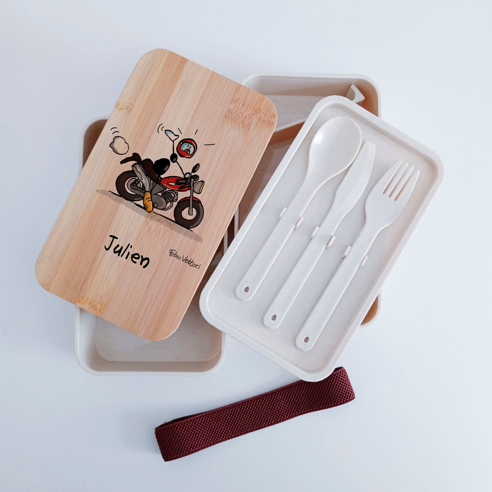 Scatola Porta Pranzo con coperchio in bambù e Posate Personalizzata soggetto "Moto"