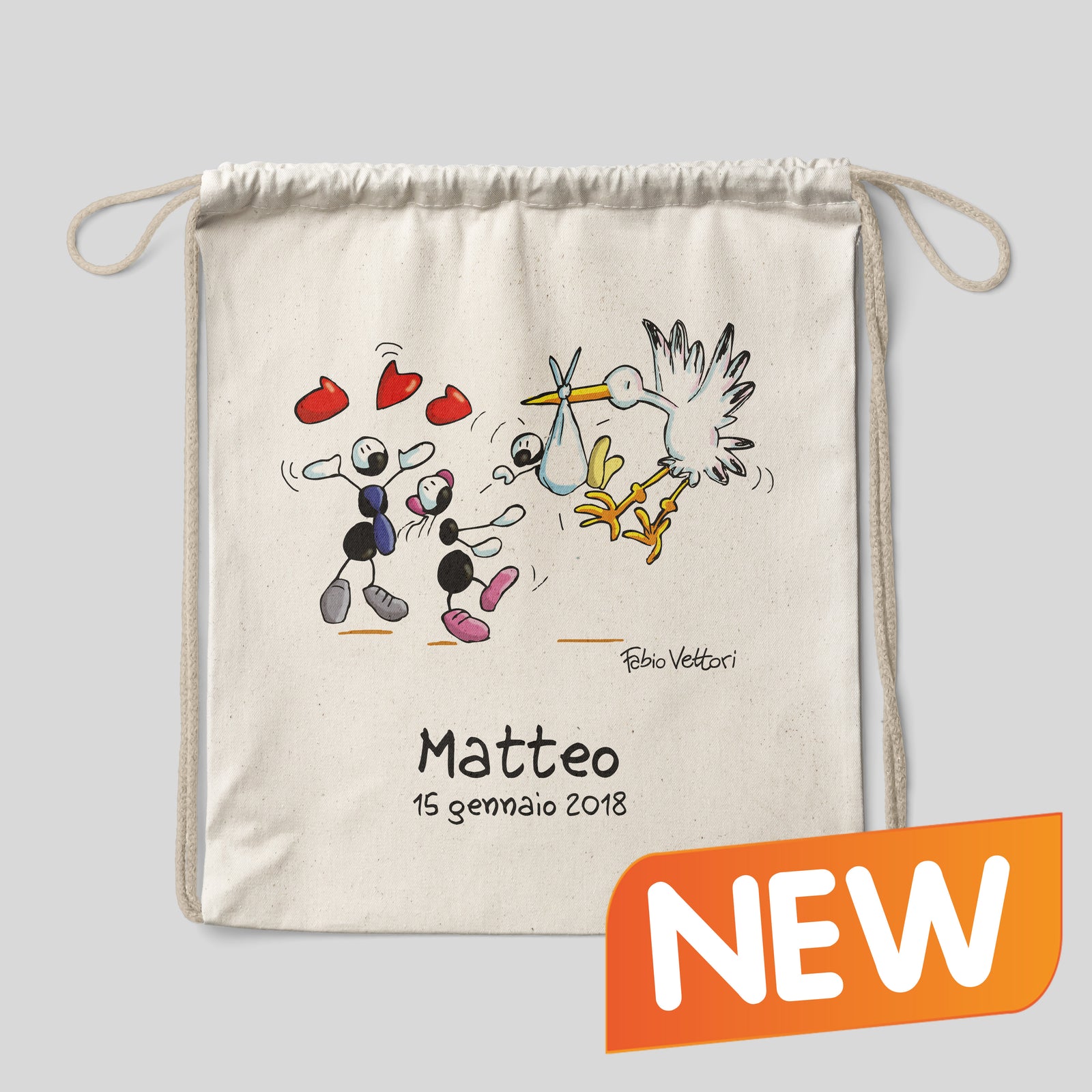 Sacca zaino personalizzata in cotone soggetto "Nascita"