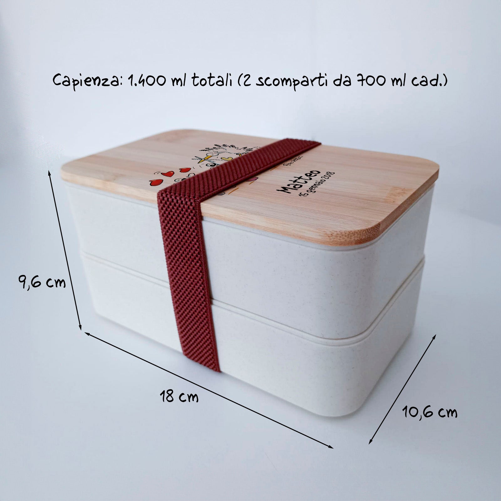 Scatola Porta Pranzo con coperchio in bambù e Posate Personalizzata soggetto "Nascita"