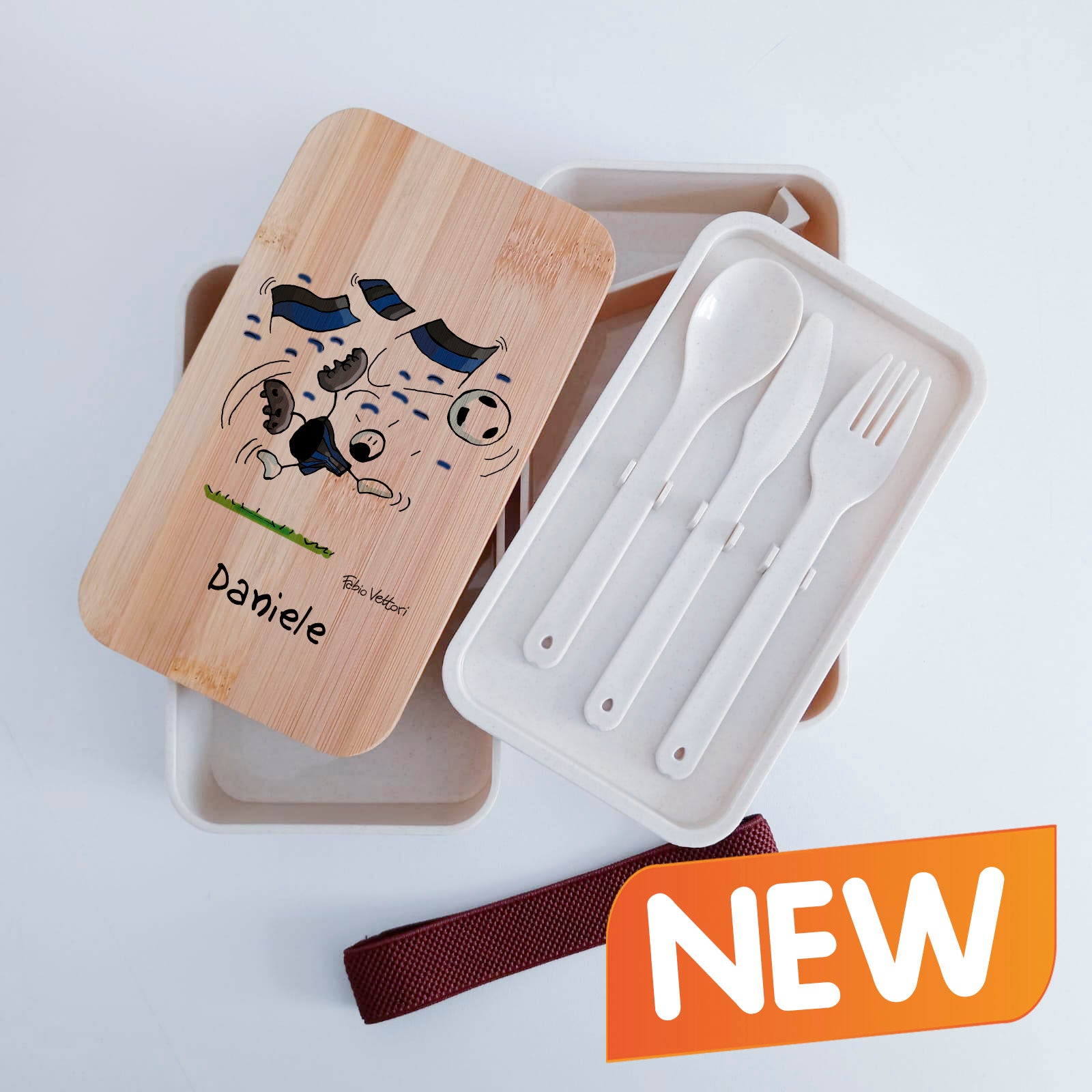 Scatola Porta Pranzo con coperchio in bambù e Posate Personalizzata soggetto "Neroazzurro"