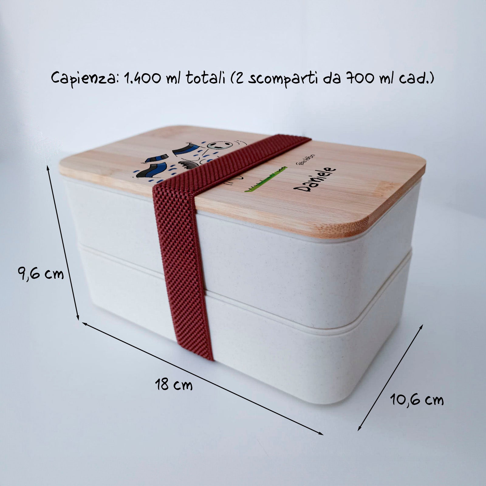 Scatola Porta Pranzo con coperchio in bambù e Posate Personalizzata soggetto "Neroazzurro"