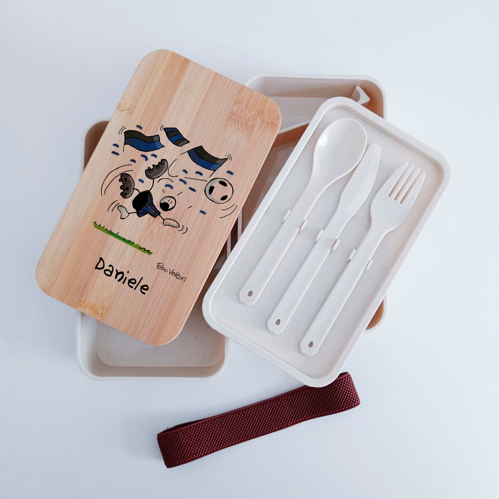 Scatola Porta Pranzo con coperchio in bambù e Posate Personalizzata soggetto "Neroazzurro"