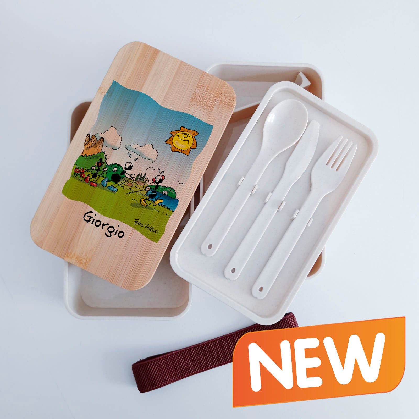 Scatola Porta Pranzo con coperchio in bambù e Posate Personalizzata soggetto "Nordic walking"