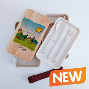 Scatola Porta Pranzo con coperchio in bambù e Posate Personalizzata soggetto "Nordic walking"