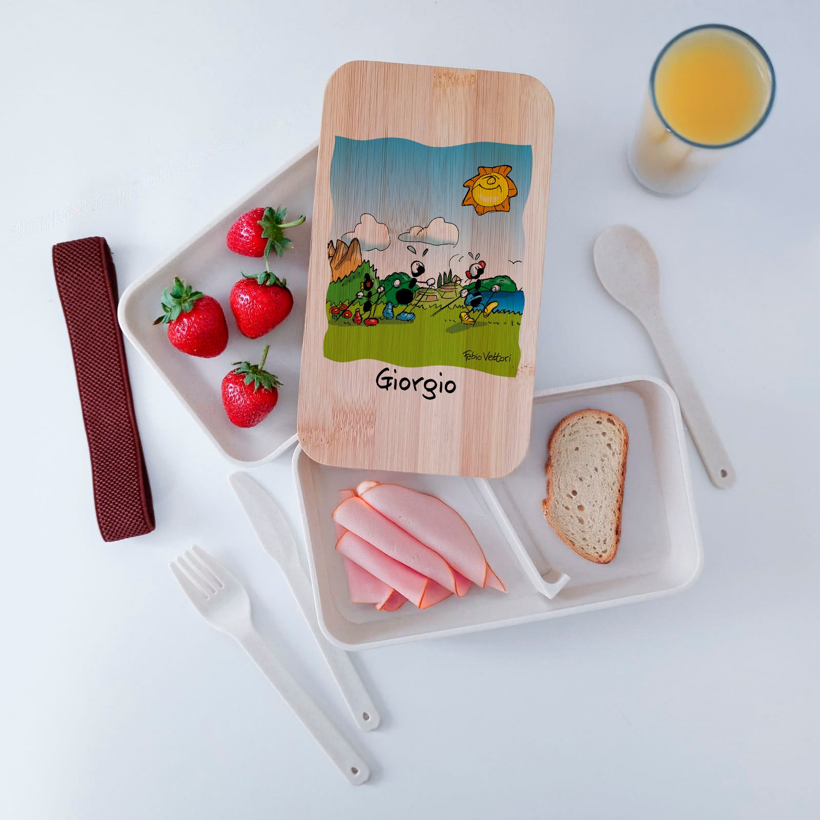 Scatola Porta Pranzo con coperchio in bambù e Posate Personalizzata soggetto "Nordic walking"