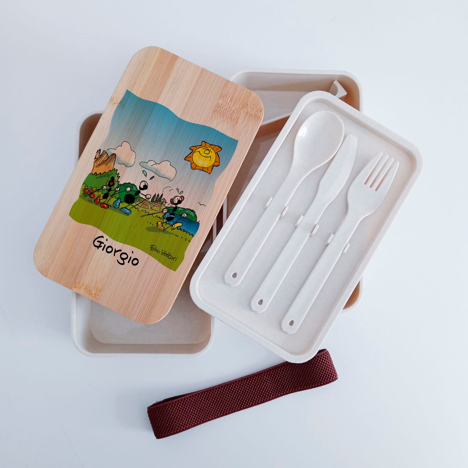 Scatola Porta Pranzo con coperchio in bambù e Posate Personalizzata soggetto "Nordic walking"