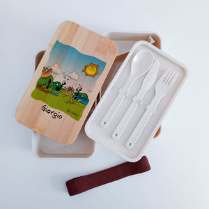 Scatola Porta Pranzo con coperchio in bambù e Posate Personalizzata soggetto "Nordic walking"