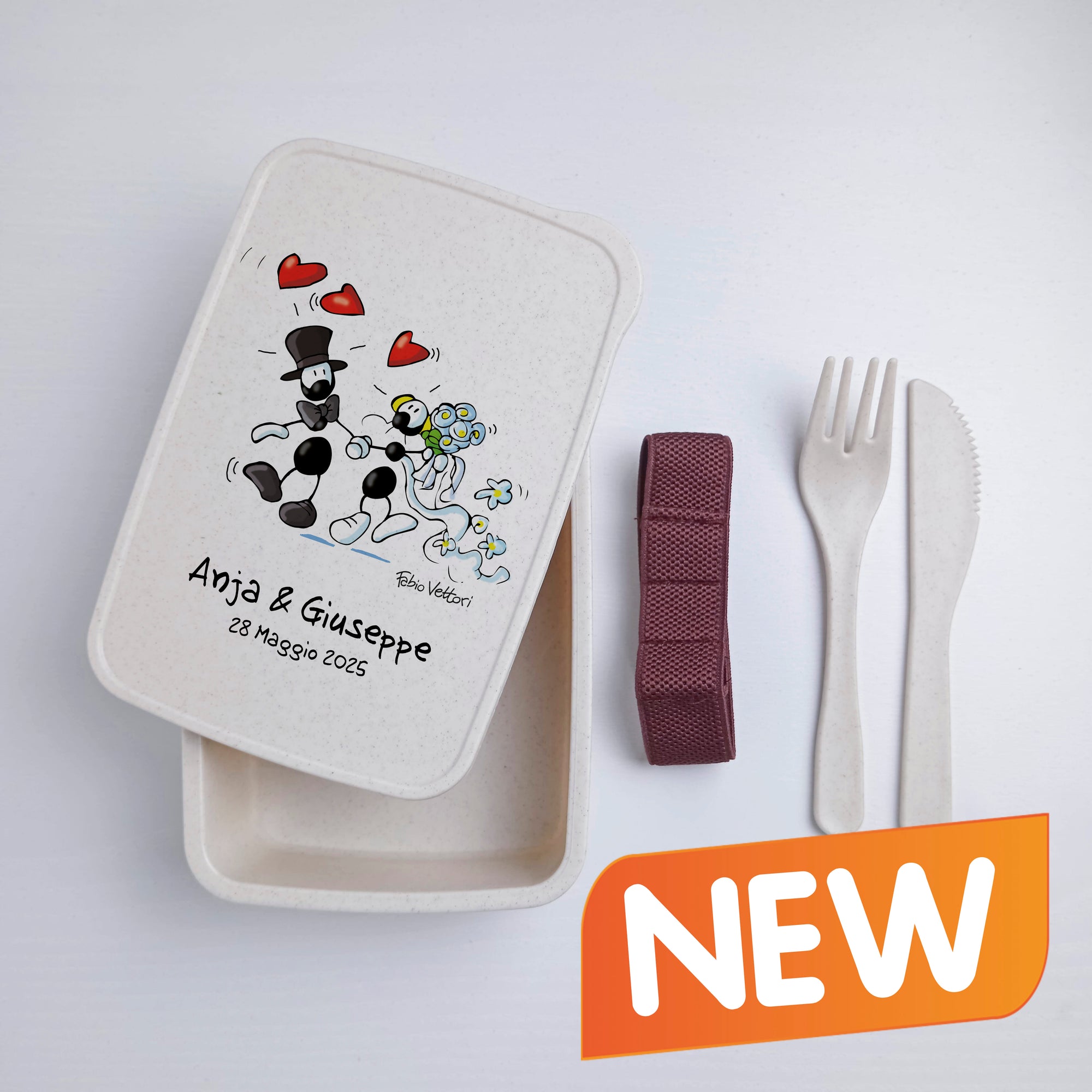 Scatola Porta Pranzo con Fascia Porta Posate Personalizzata soggetto "Nozze"