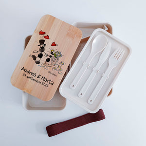 Scatola Porta Pranzo con coperchio in bambù e Posate Personalizzata soggetto "Nozze"