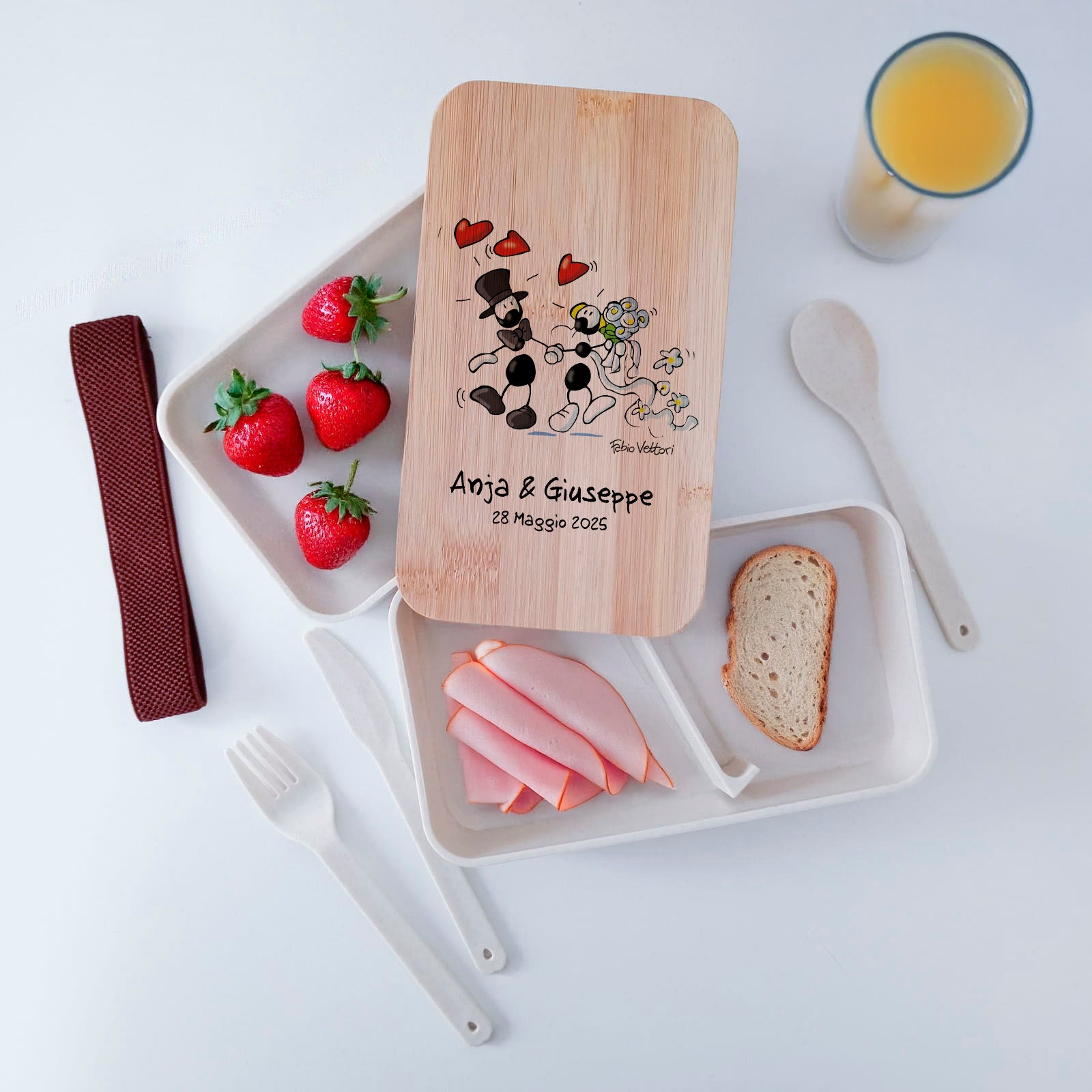 Scatola Porta Pranzo con coperchio in bambù e Posate Personalizzata soggetto "Nozze"