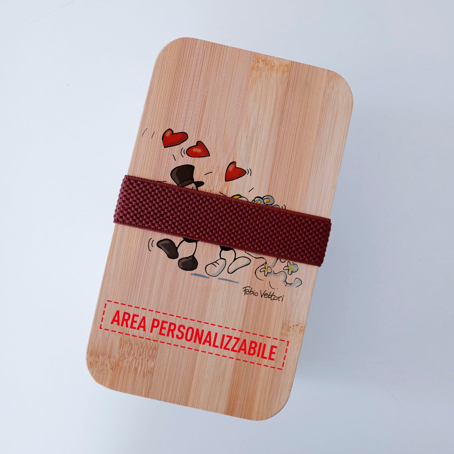 Scatola Porta Pranzo con coperchio in bambù e Posate Personalizzata soggetto "Nozze"