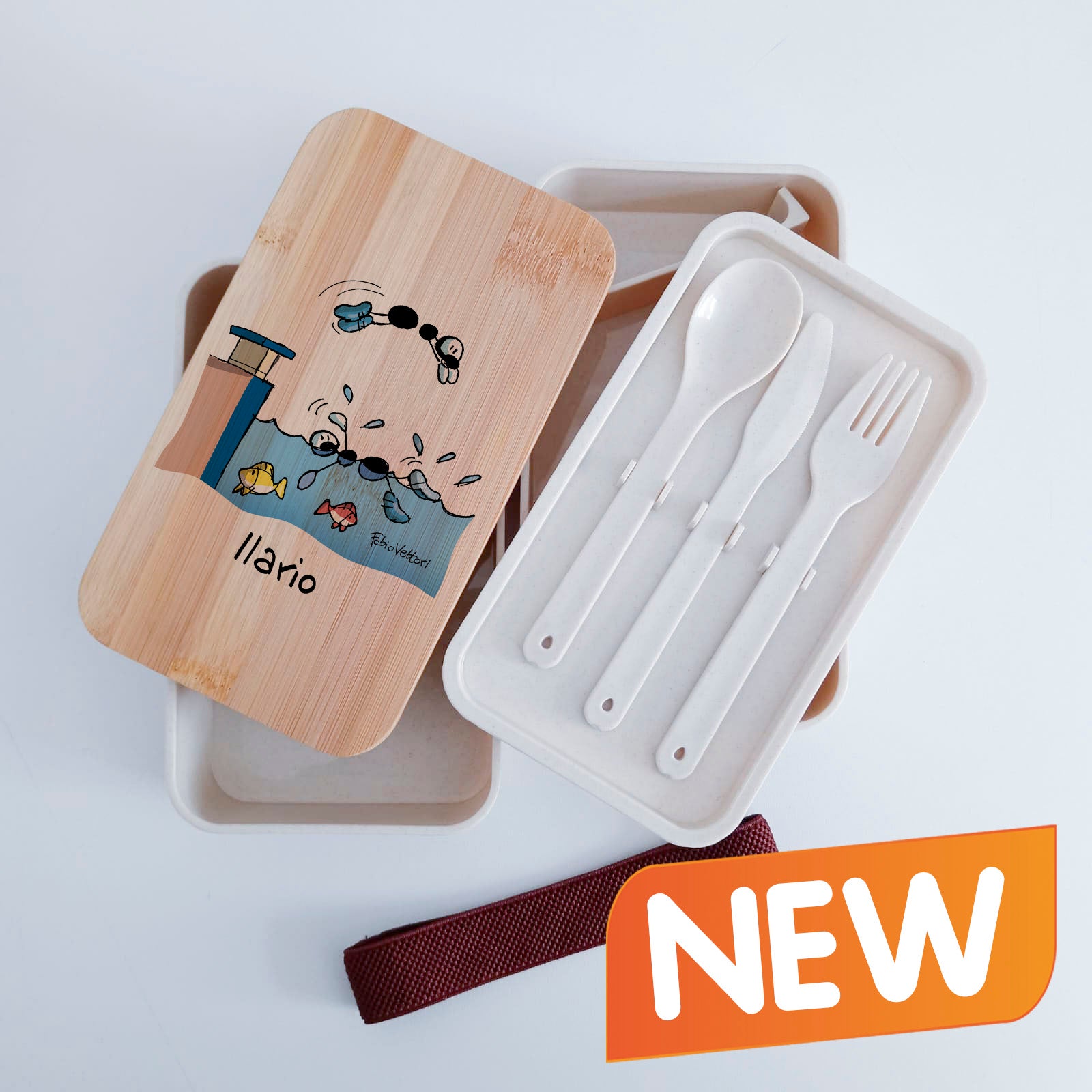 Scatola Porta Pranzo con coperchio in bambù e Posate Personalizzata soggetto "Nuoto"