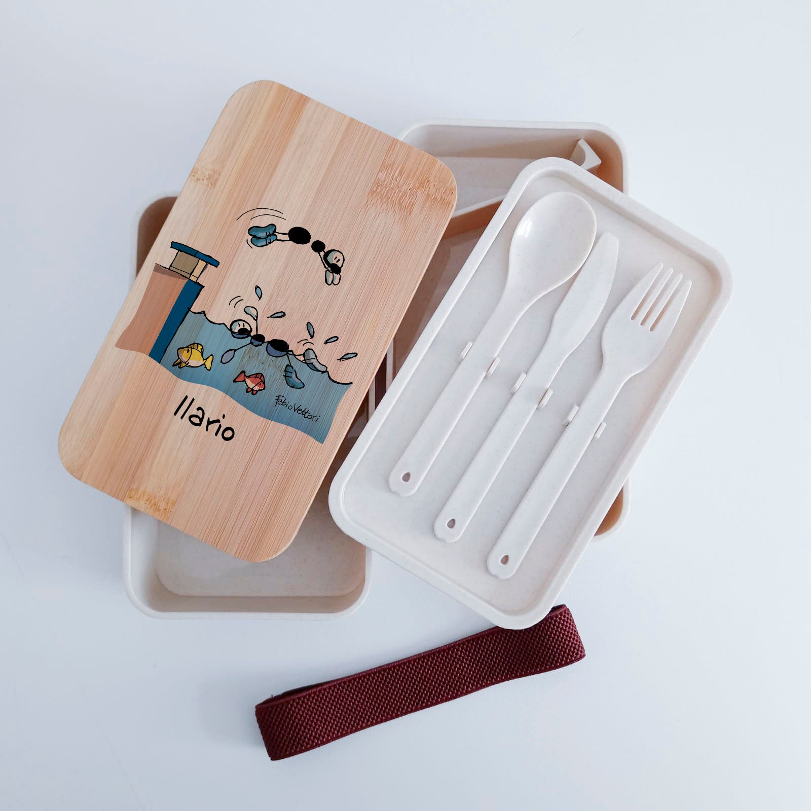 Scatola Porta Pranzo con coperchio in bambù e Posate Personalizzata soggetto "Nuoto"