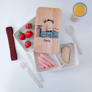 Scatola Porta Pranzo con coperchio in bambù e Posate Personalizzata soggetto "Nuoto"