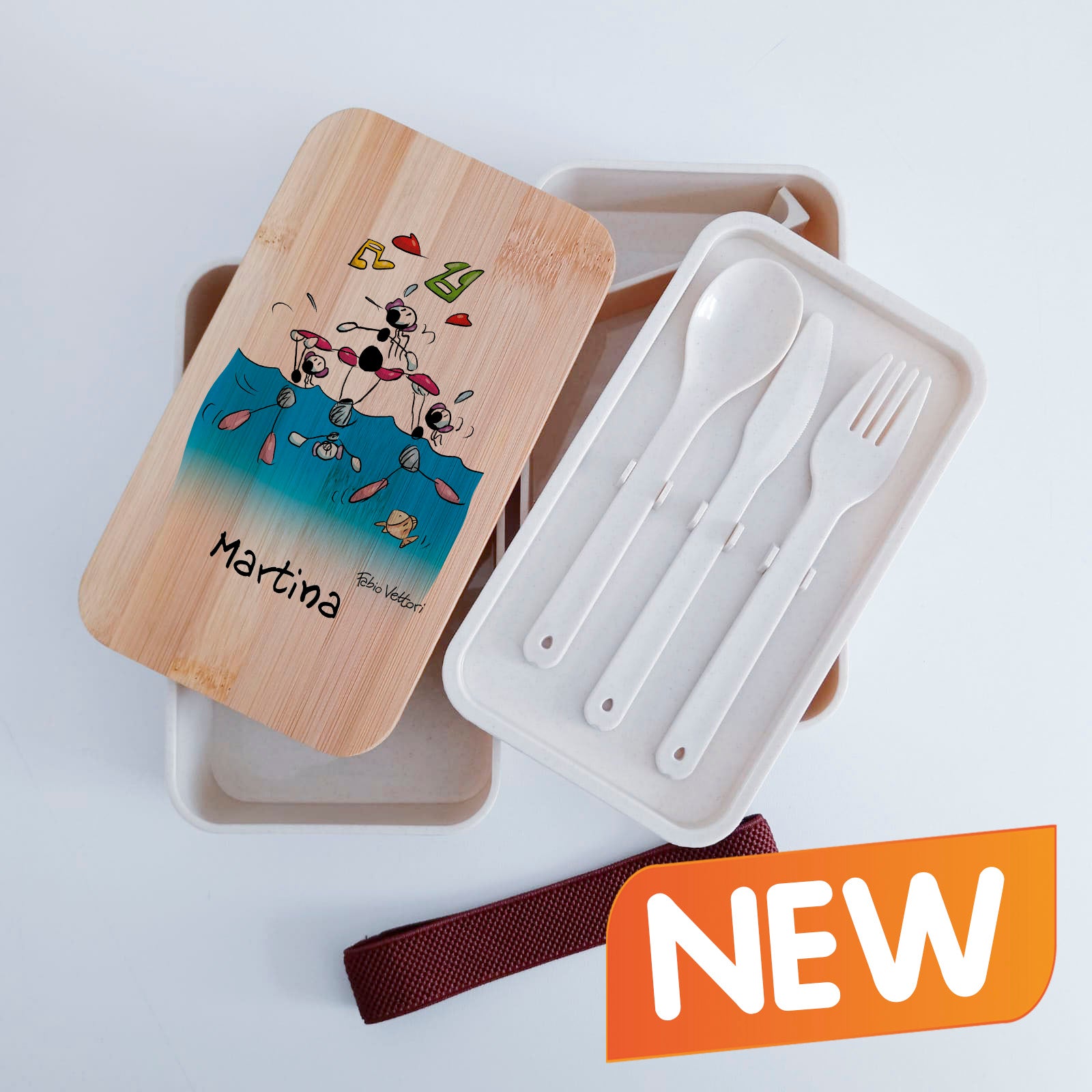 Scatola Porta Pranzo con coperchio in bambù e Posate Personalizzata soggetto "Nuoto sincronizzato"