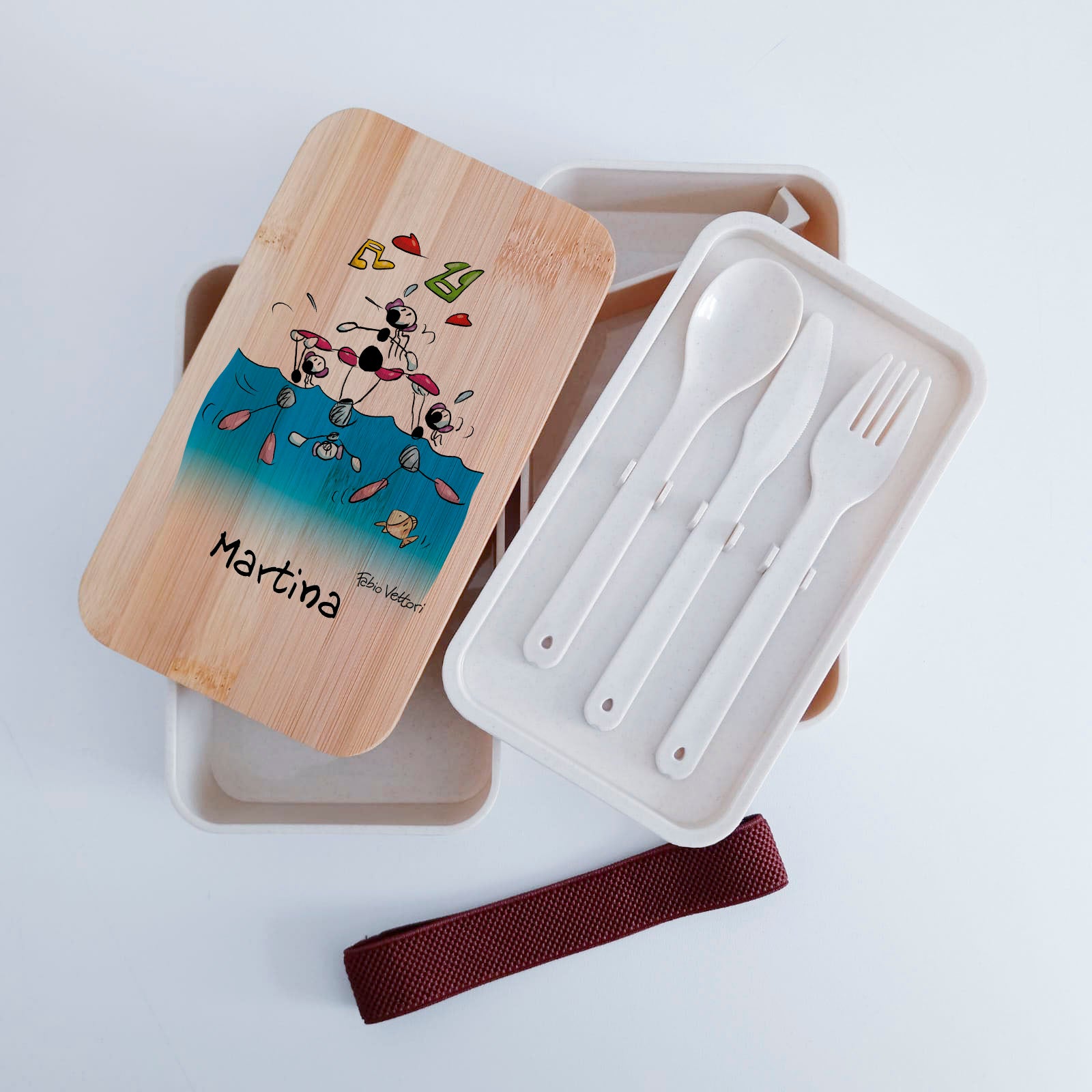 Scatola Porta Pranzo con coperchio in bambù e Posate Personalizzata soggetto "Nuoto sincronizzato"
