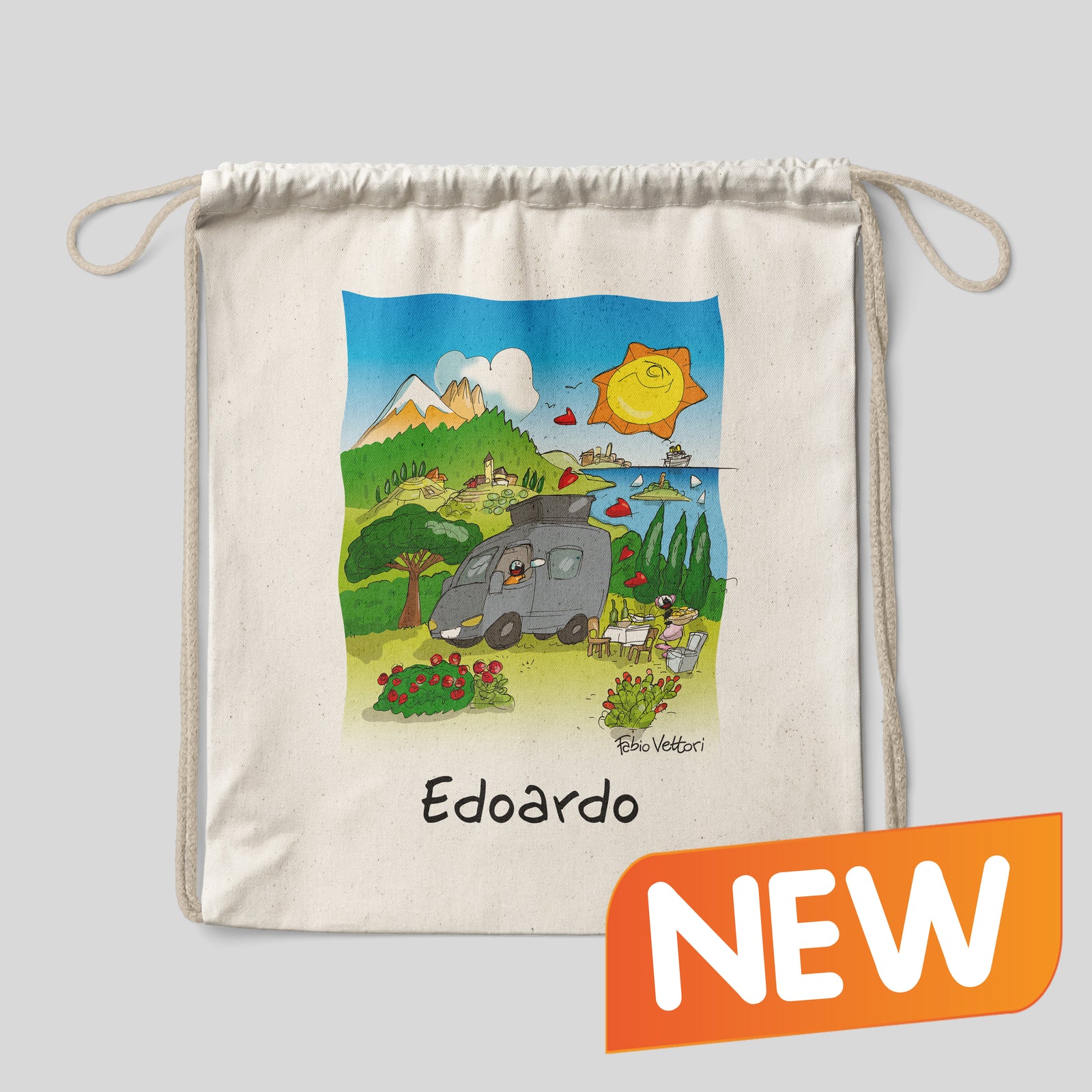 Sacca zaino personalizzata in cotone soggetto "On the road"