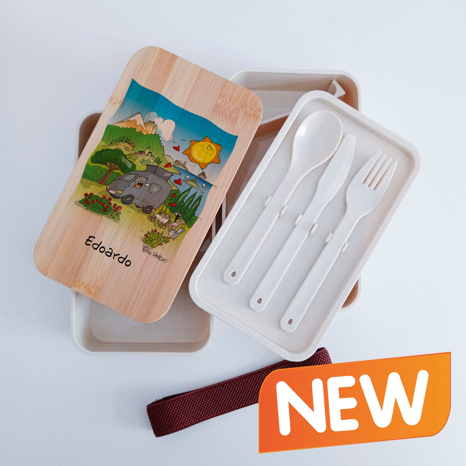 Scatola Porta Pranzo con coperchio in bambù e Posate Personalizzata soggetto "On the road"